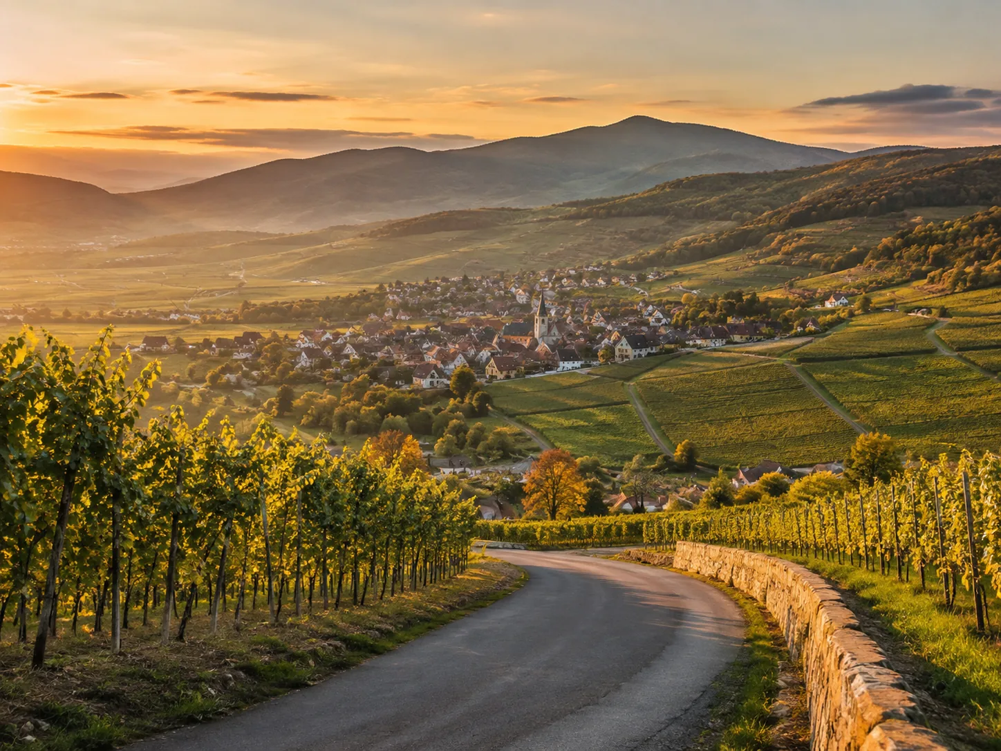 Route à travers les vignobles alsaciens au coucher du soleil