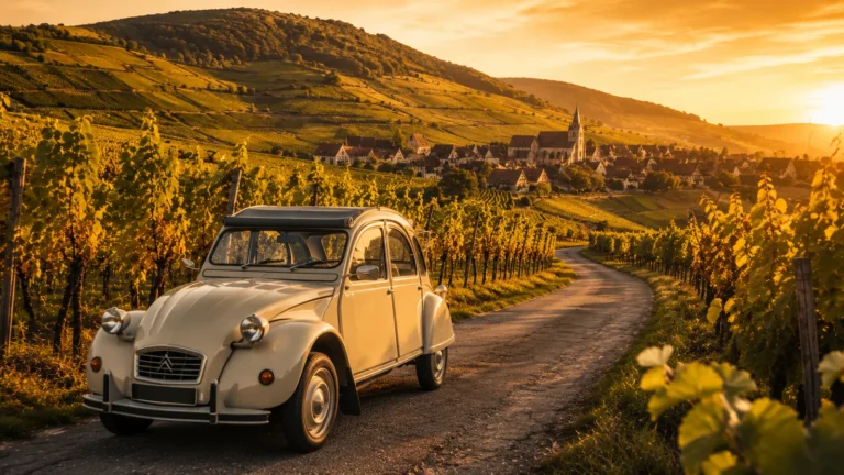 2CV sur la Route des Vins d’Alsace au milieu des vignobles