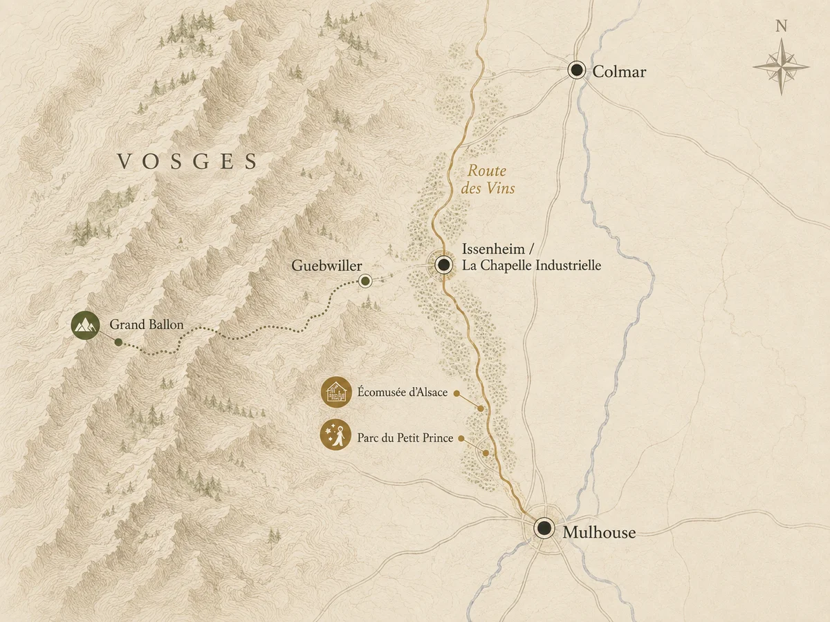 Carte du sud de l’Alsace autour d’Issenheim, Colmar, Mulhouse et des Vosges