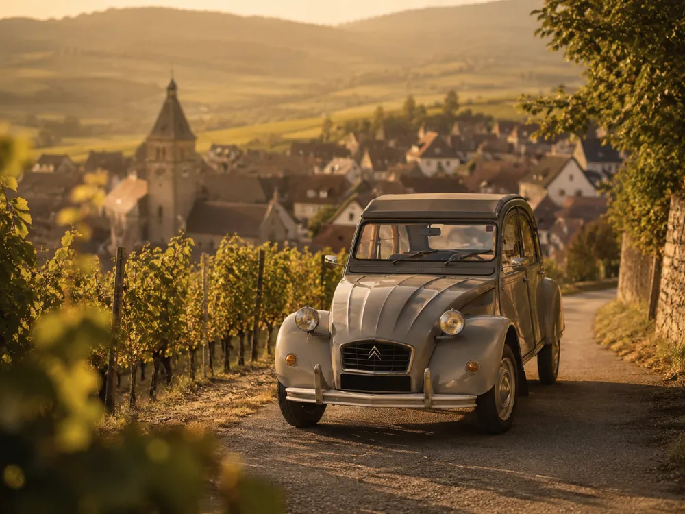 Citroën 2CV sur la Route des Vins d’Alsace, entre vignobles et village alsacien