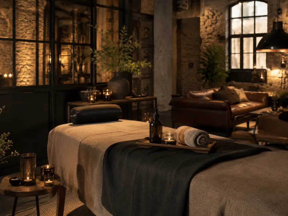 Table de massage préparée dans une ambiance calme et chaleureuse au loft
