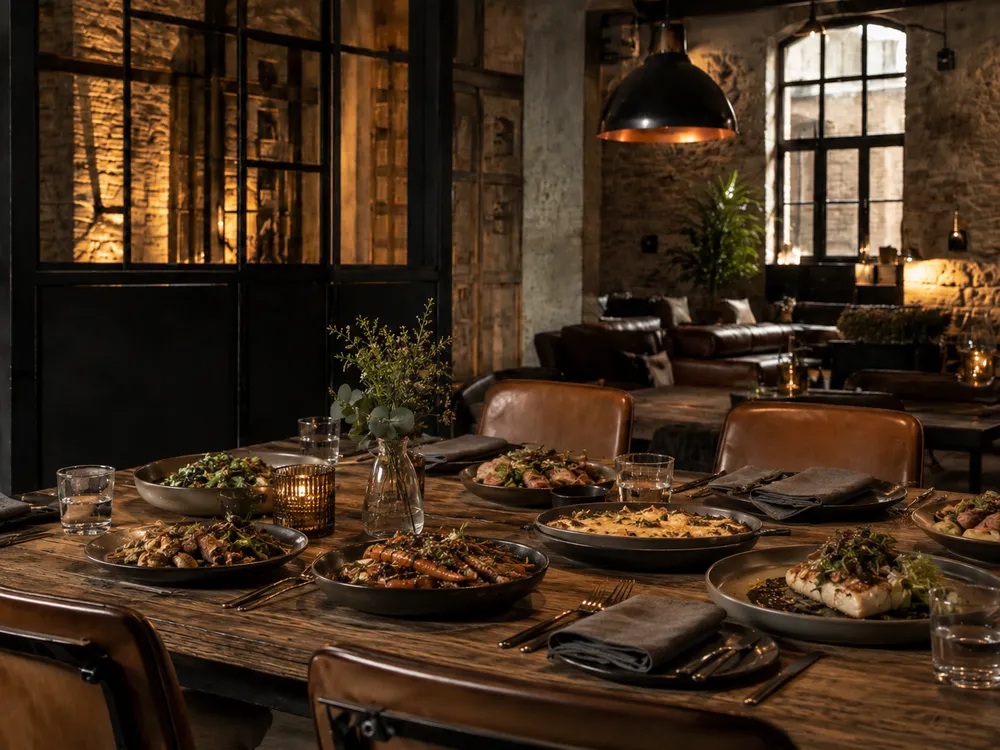 Table dressée avec plats servis pour une expérience traiteur dans un loft industriel haut de gamme