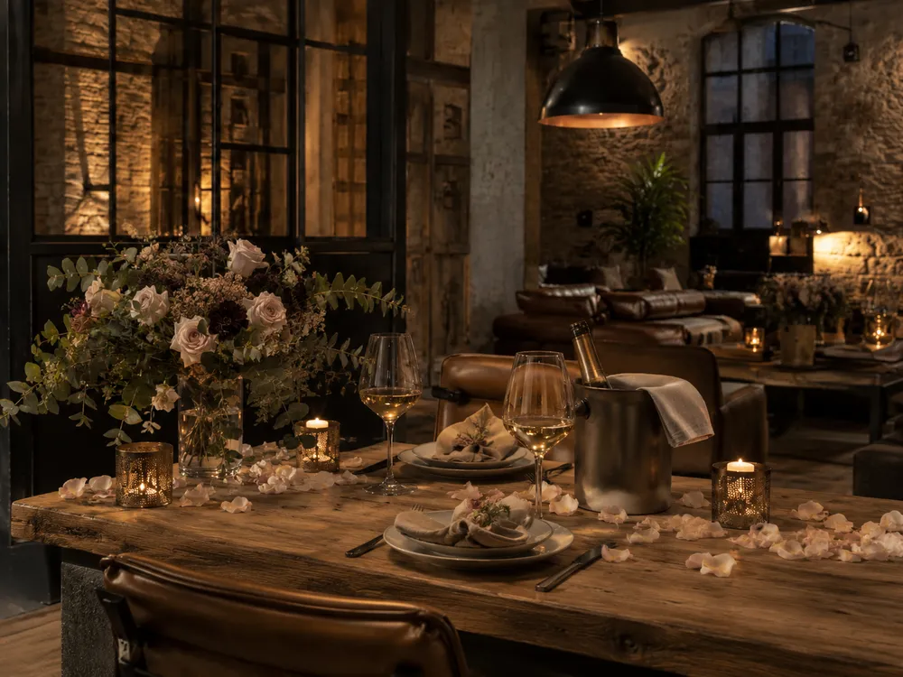 Mise en scène romantique avec fleurs et bougies pour un séjour particulier au loft